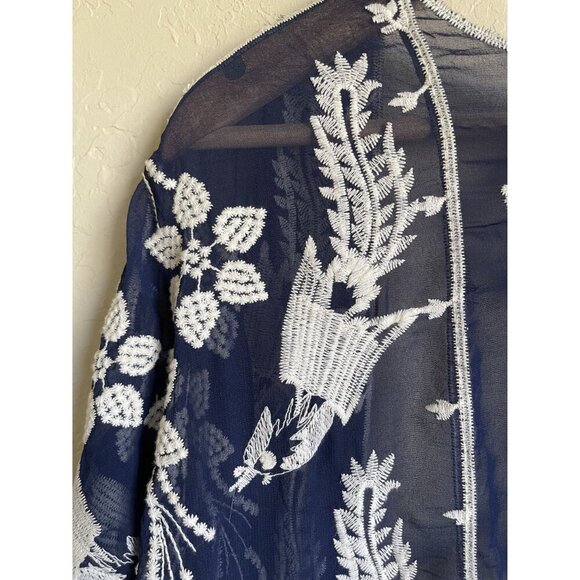 Ya Ya Club Navy Blue Cream Embroidered Floral Kimono Wrap Fringe Semi Sheer Size - Picture 8 of 8